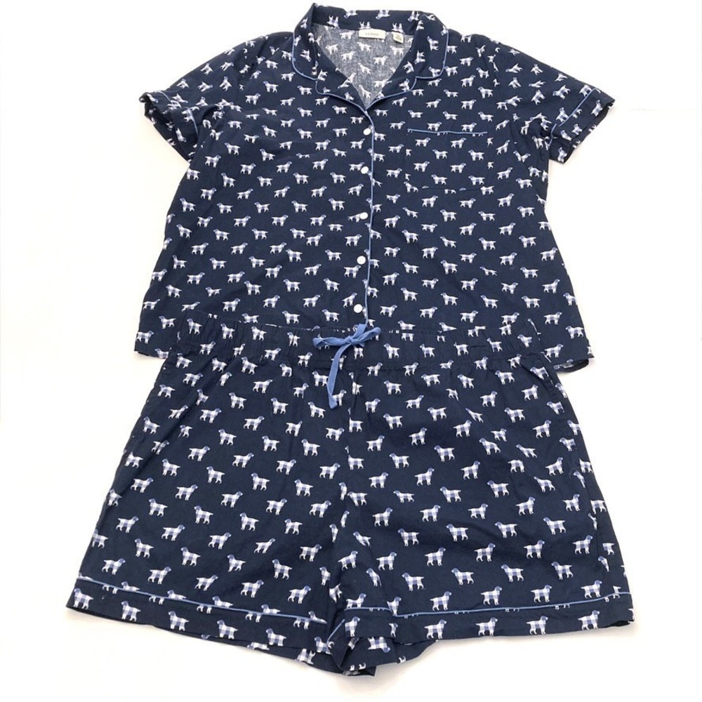 LL Bean Dog Print Pajama Shorts Set Navy Blue Cotton Spandex Womens XL 517078